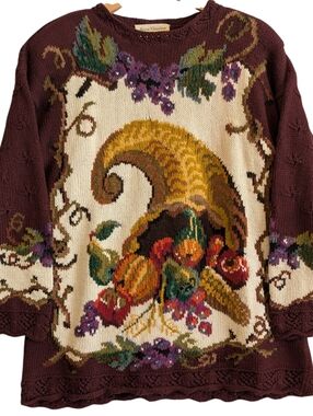 Marissa Christina Purple Fall Sweater Handknit Cornucopia  Thanksgiving Sz M
